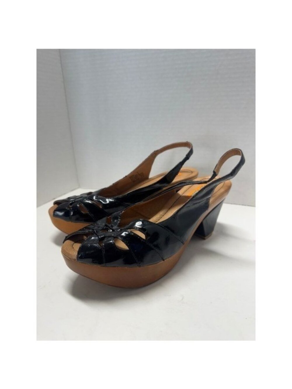 Miz Mooz Resto Black Patent Platform Slingback Sandals Heels Woven Peep Toe 8